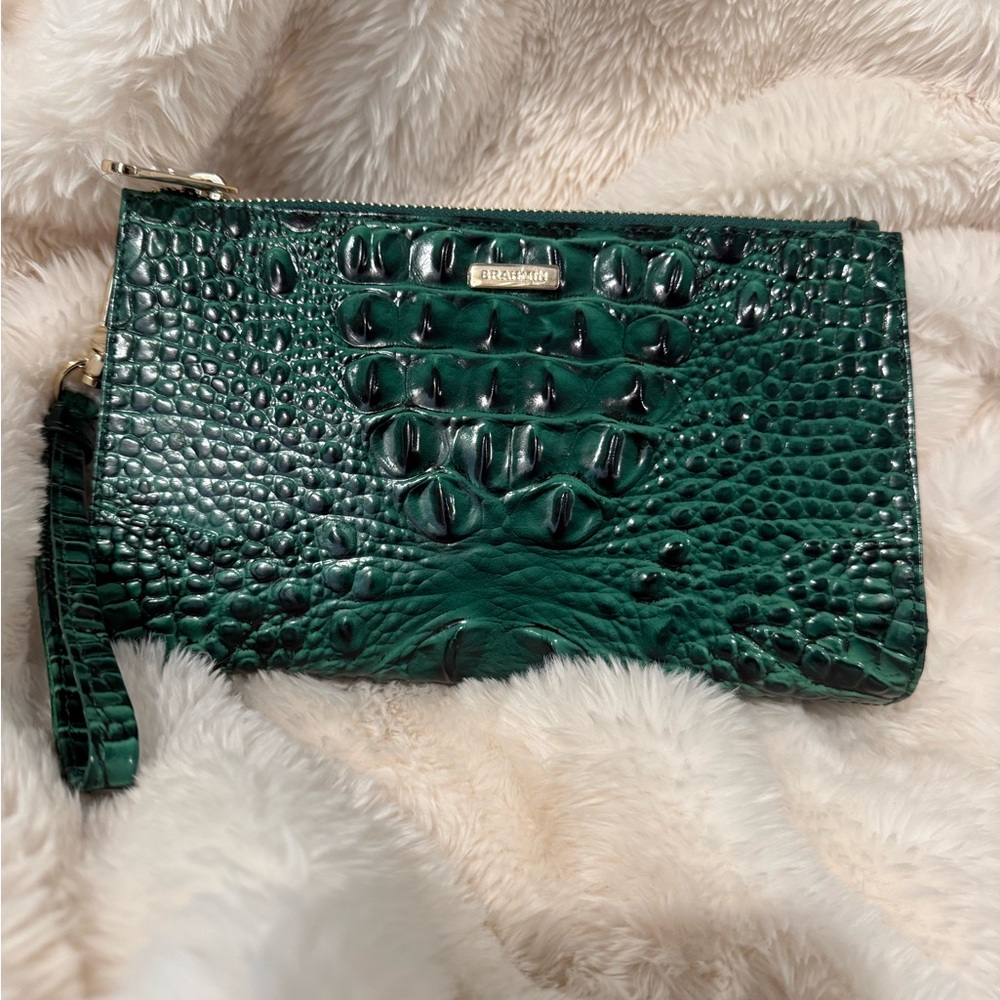 Brahmin Deep Emerald Croc-Embossed Wristlet with Gold Accents